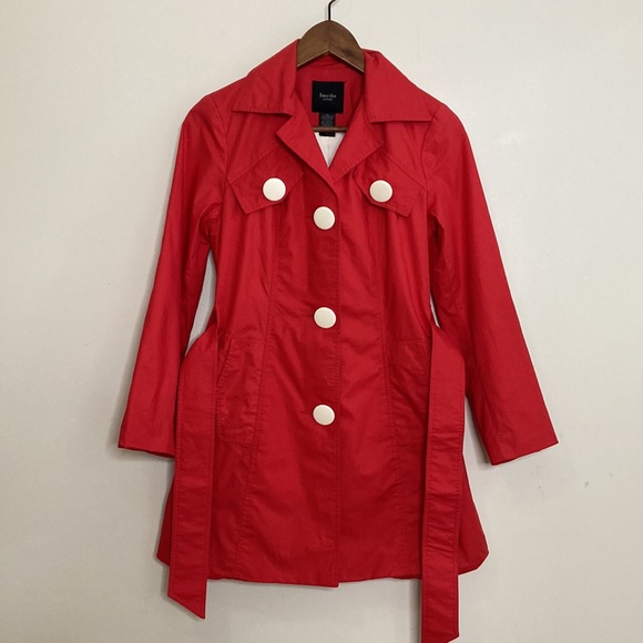 Smythe Jacket Womens 2 Red Cotton Short Trench White Buttons Classic Designer - Picture 3 of 16